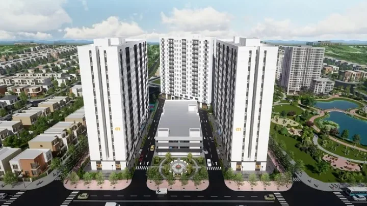 Phối cảnh dự án nhà ở xã hội Cẩm Điền - Lương Điền với ba tòa chung cư cao tầng và công viên hồ nước