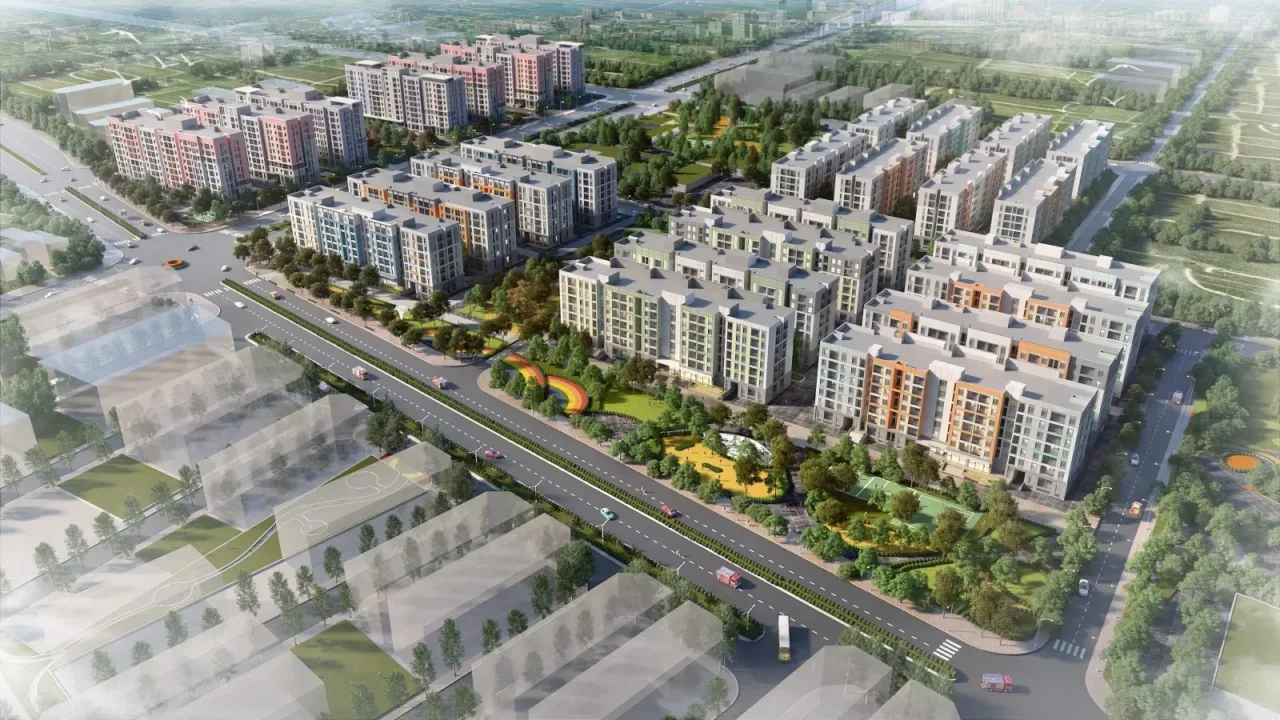 Phối cảnh toàn cảnh khu nhà ở xã hội Hải Phòng với các khối chung cư thấp tầng, cây xanh và đường nội khu