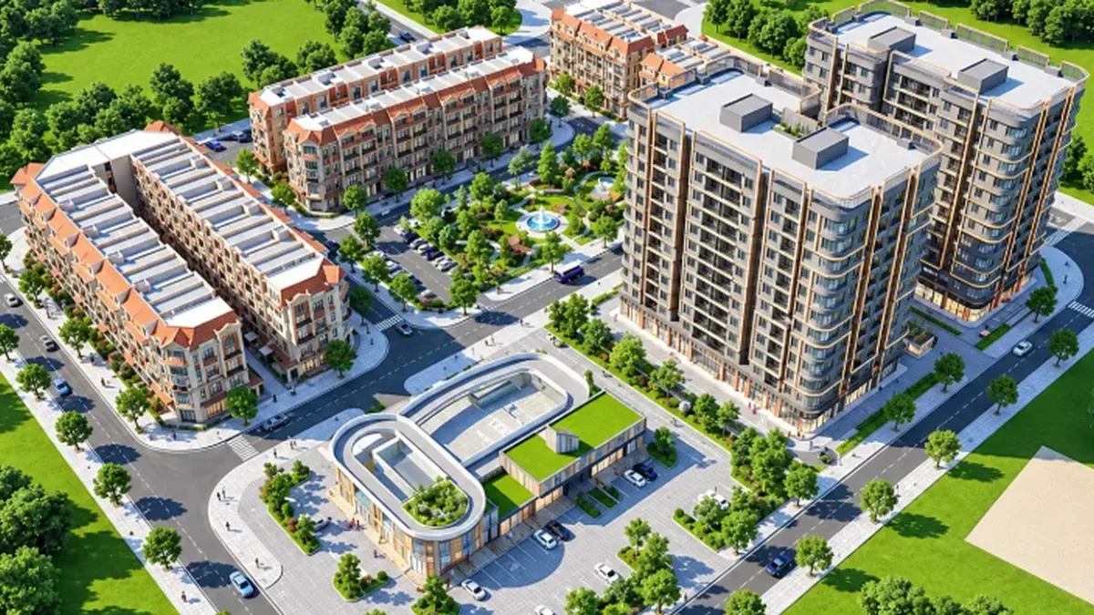 Phối cảnh dự án nhà ở xã hội tại xã Phúc Thịnh, Hà Nội với các tòa chung cư cao tầng và nhà liền kề