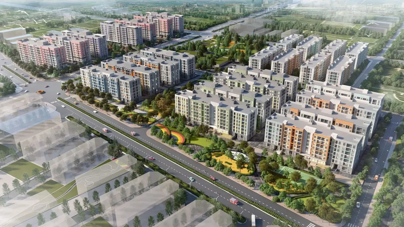 Phối cảnh toàn cảnh khu nhà ở xã hội Tràng Cát Hải Phòng với các dãy chung cư thấp tầng và cây xanh