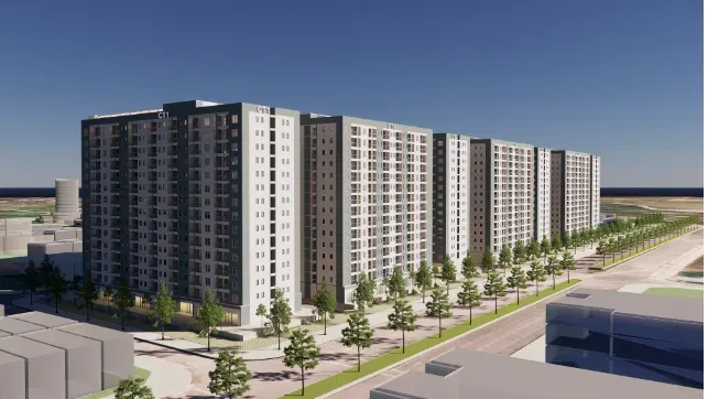 Phối cảnh dãy chung cư nhà ở xã hội Vinhomes cao tầng với hàng cây xanh dọc đường nội khu