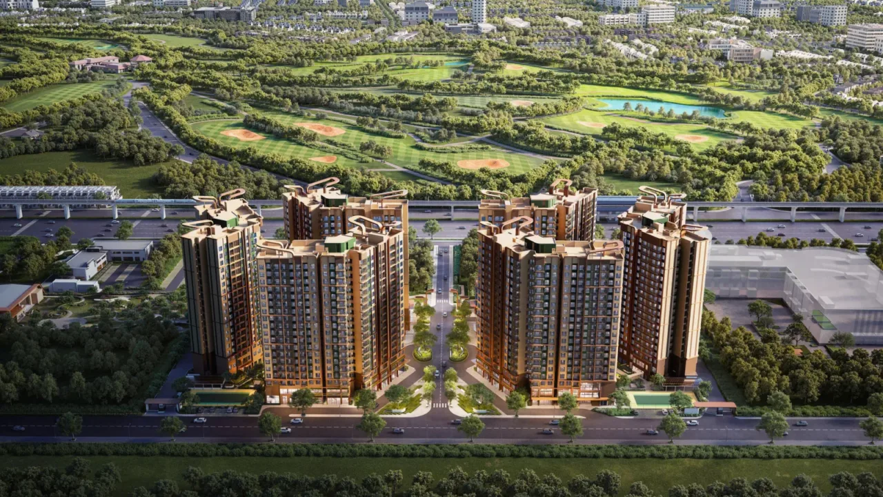 Phối cảnh tổng thể dự án căn hộ Norton Park của Gamuda Land với 6 tòa tháp và cảnh quan xanh tại Thuận Giao