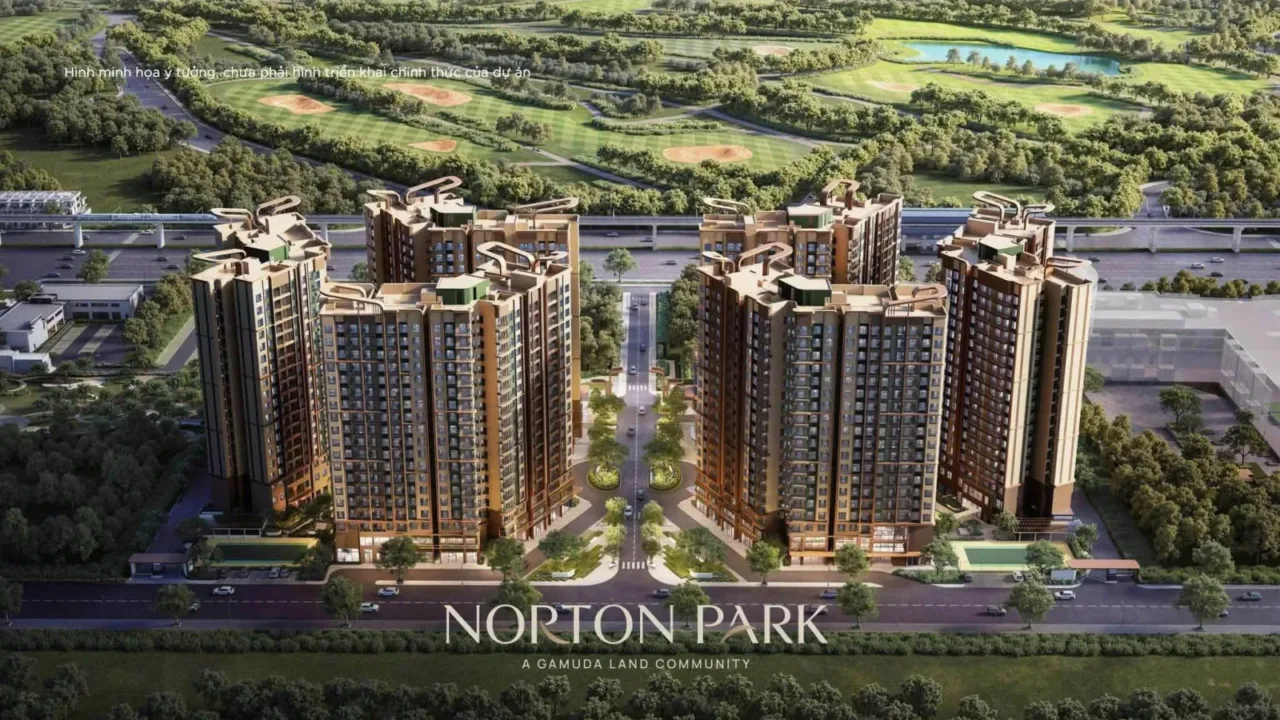 Phối cảnh phối cảnh tổng thể cụm tháp căn hộ Norton Park của Gamuda Land cạnh sân golf và tuyến metro