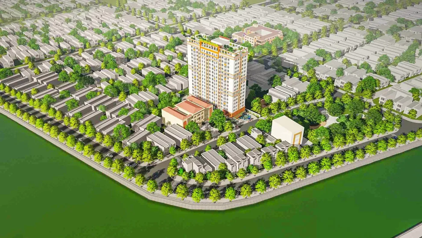Phối cảnh khu nhà ở có tòa chung cư cao tầng cạnh kênh nước, tương tự dự án Phú Định Riverside