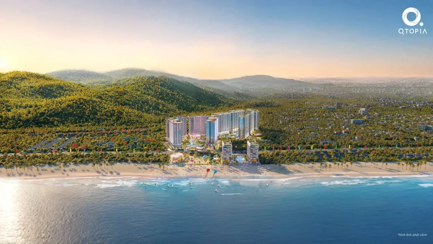 Phối cảnh tổng thể Q Topia với 9 tòa căn hộ cao tầng nằm sát bãi biển Phước Hải