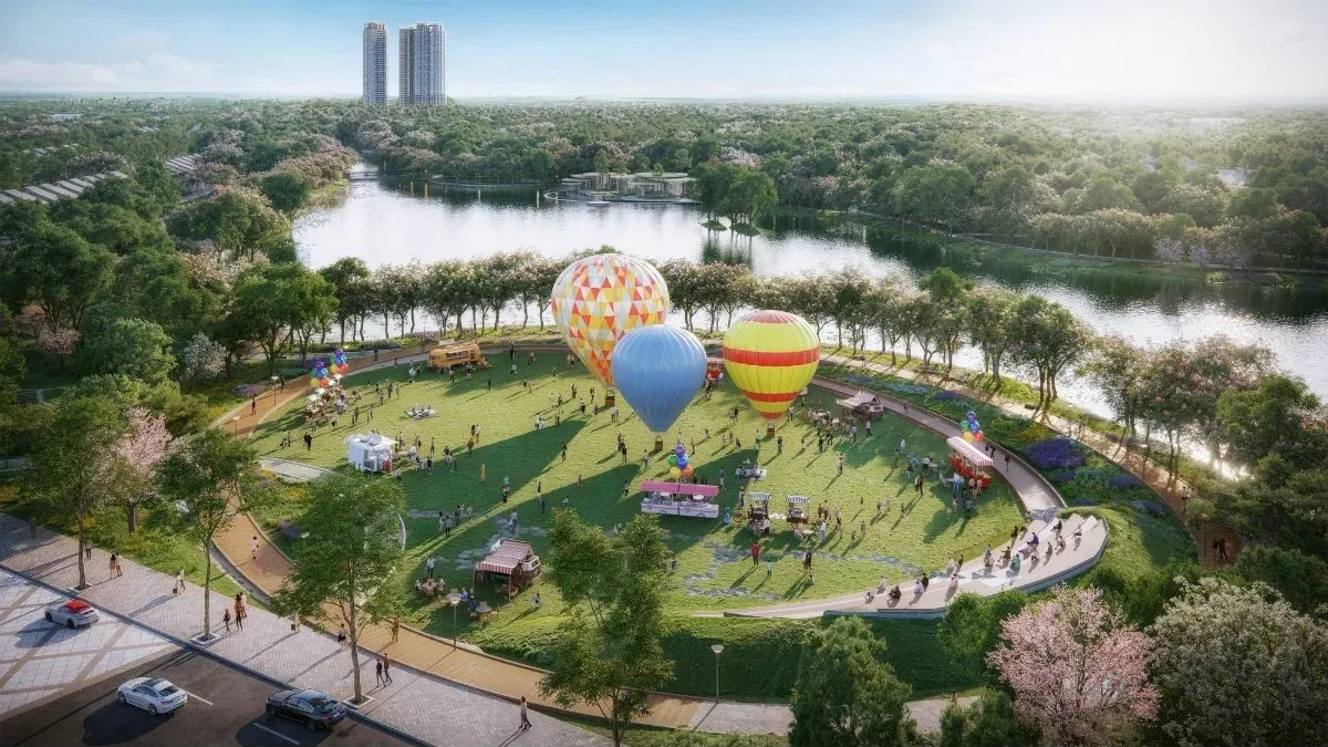 Phối cảnh quảng trường có khinh khí cầu bên Hồ Thiên Nga trong khu đô thị Eco Retreat của Ecopark