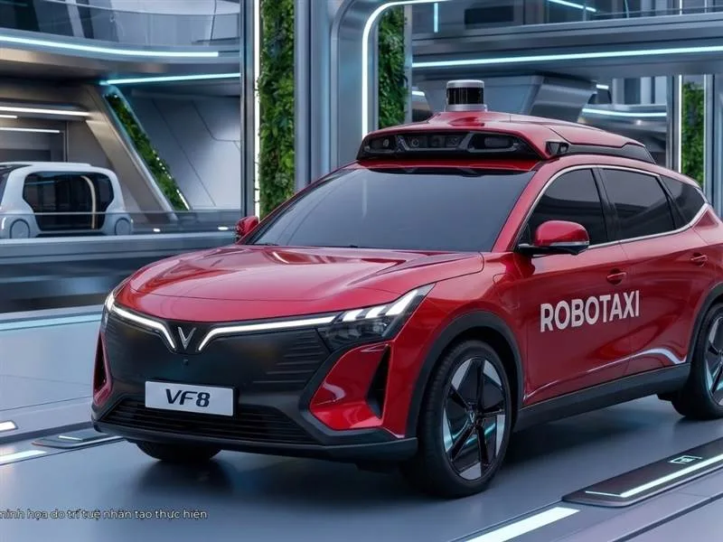 Xe VinFast VF8 màu đỏ gắn nhãn Robotaxi, phối cảnh taxi tự hành cấp độ 4 do VinFast phát triển