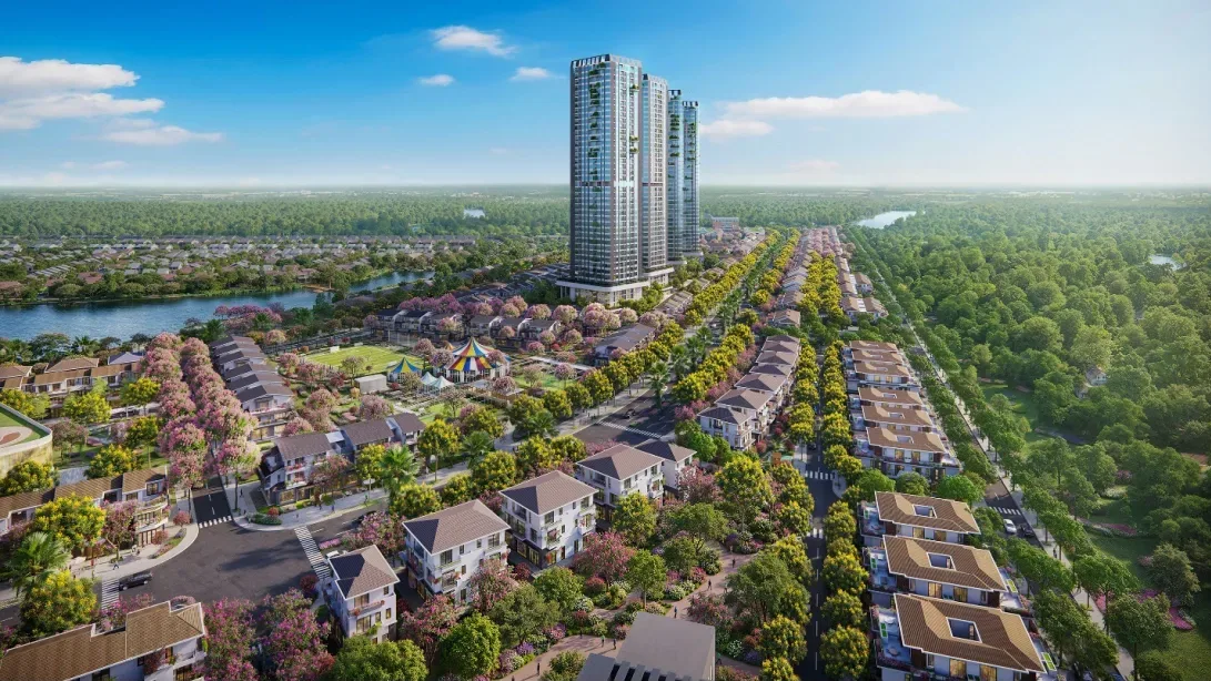 Phối cảnh phân khu Rừng Hồng của Ecopark tại Eco Retreat với nhà phố thấp tầng, hoa tím và các tòa căn hộ cao tầng