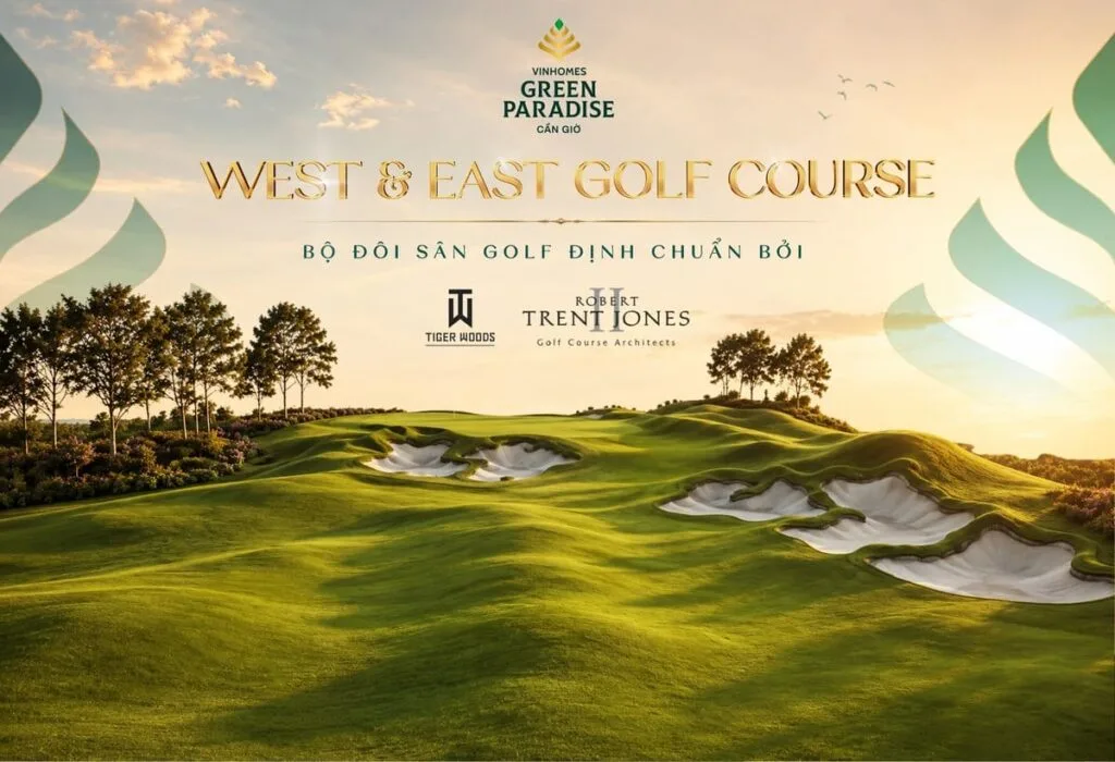 Phối cảnh bộ đôi sân golf West & East tại Vinhomes Green Paradise Cần Giờ với đồi cỏ và hố cát