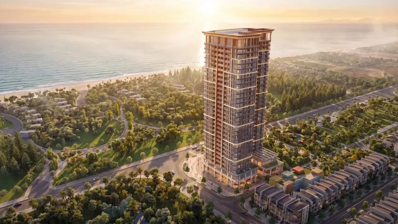 Phối cảnh tháp căn hộ Sun Saphia Residence 30 tầng của Sun Group ven biển Đà Nẵng lúc hoàng hôn