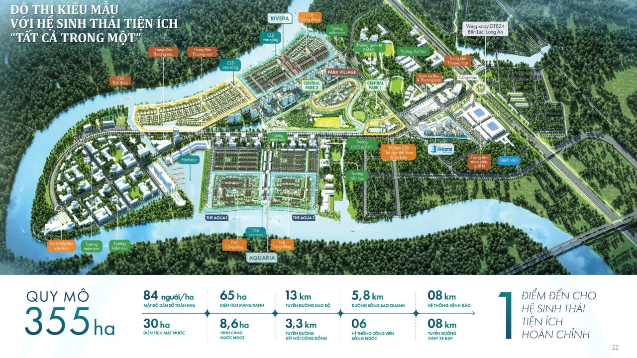 Phối cảnh tổng thể đại đô thị Waterpoint 355 ha của Nam Long Group dọc sông Vàm Cỏ Đông, Bến Lức