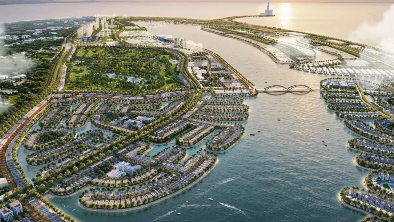 Phối cảnh toàn cảnh siêu đô thị Vinhomes Green Paradise tại Cần Giờ với sông nước, cầu và các dãy nhà ven kênh