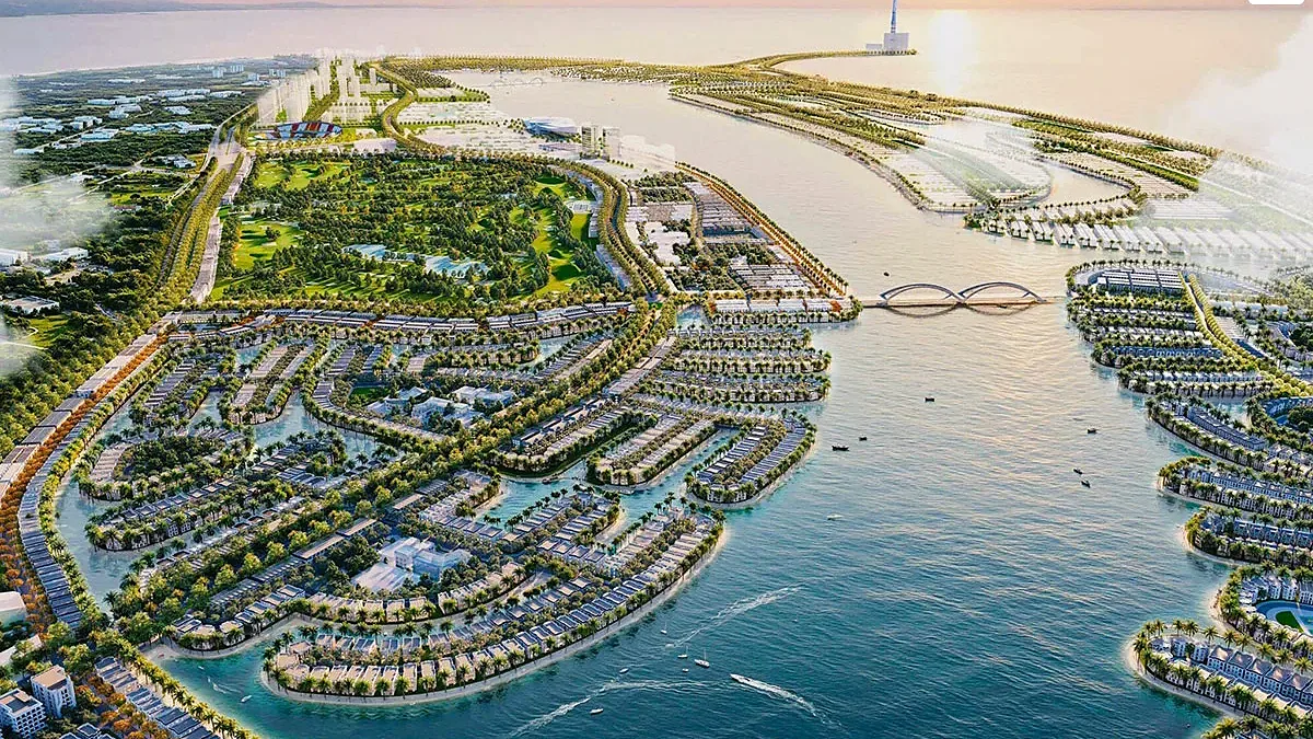 Phối cảnh toàn cảnh siêu đô thị Vinhomes Green Paradise Cần Giờ bên biển, hồ nước và mảng xanh