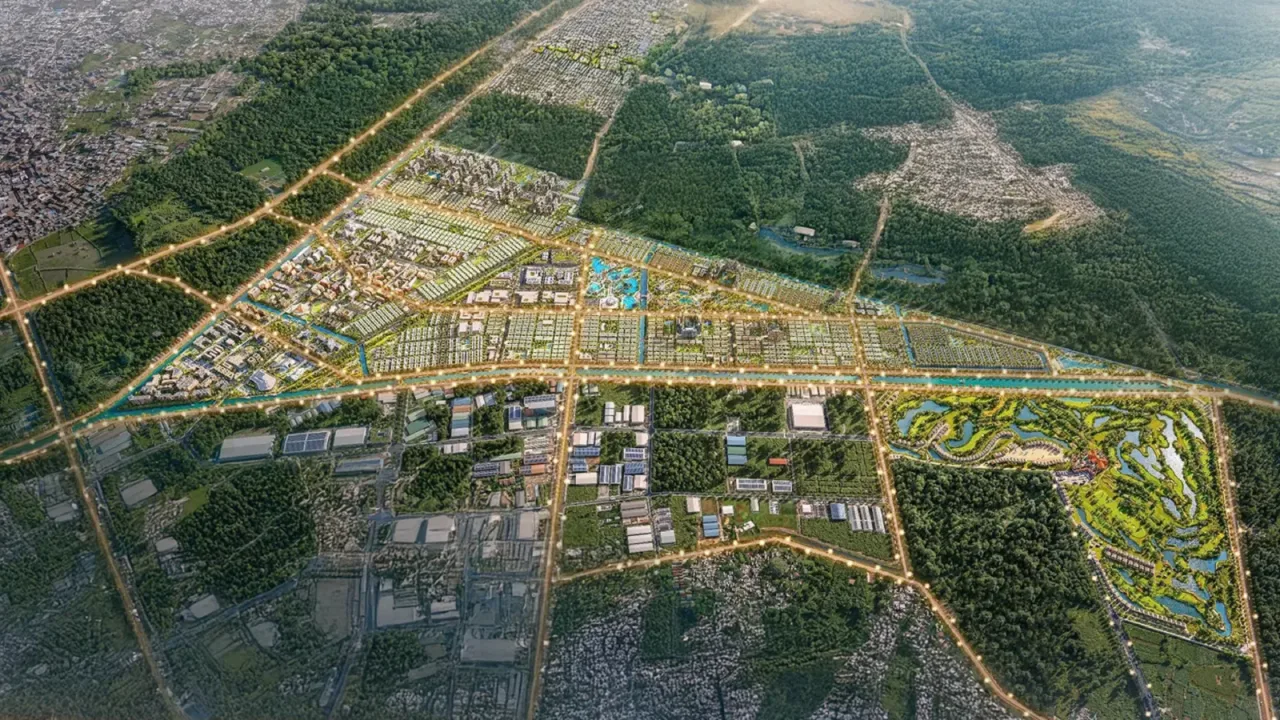 Phối cảnh toàn khu đô thị Vinhomes Sài Gòn Park nhìn từ trên cao với đường nội khu, nhà liền kề và mảng xanh
