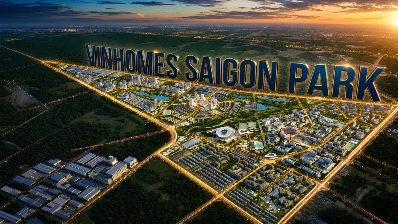 Phối cảnh Vinhomes Saigon Park nhìn từ trên cao với các khu căn hộ, hồ nước và đường nội khu