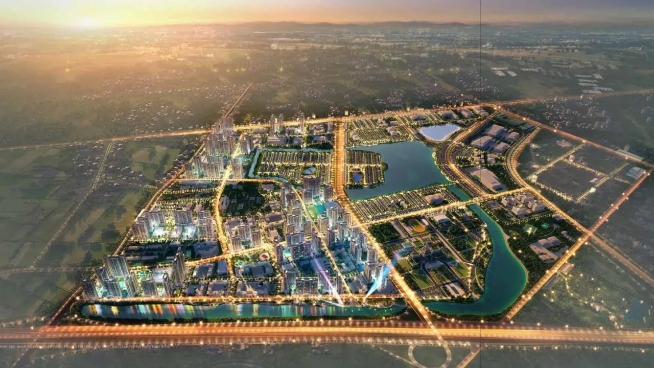 Phối cảnh tổng thể khu đô thị sinh thái của Vinhomes tại Văn Giang, Hưng Yên nhìn từ trên cao về đêm