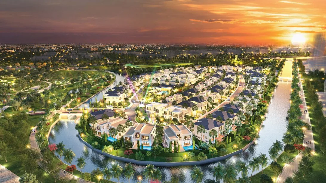 Phối cảnh khu biệt thự ven kênh nước lúc hoàng hôn tại dự án Waterpoint ở Bến Lức, Long An