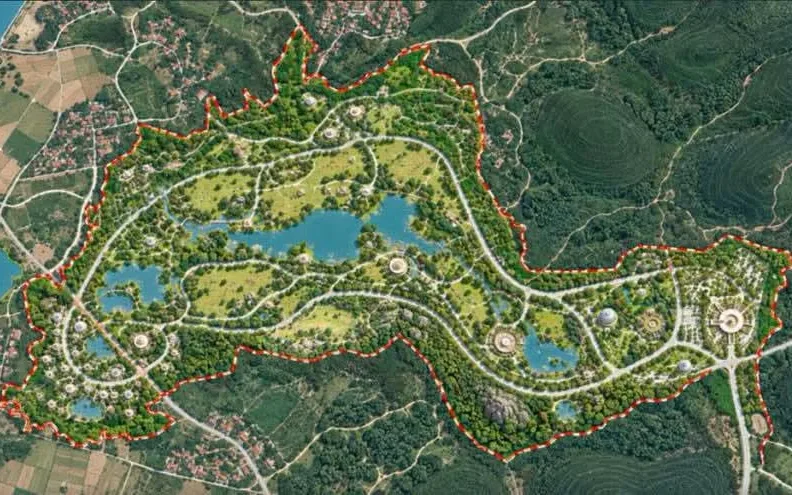 Bản đồ phối cảnh quy hoạch tổng thể công viên safari với hồ nước, đường dạo và ranh giới dự án viền đỏ