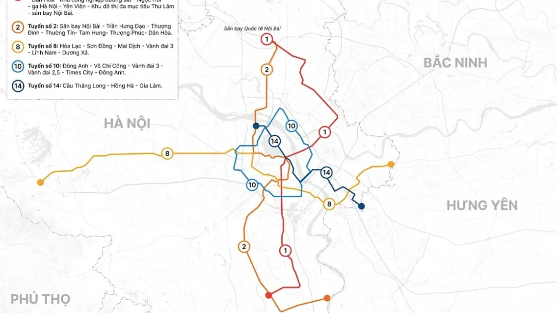 Sơ đồ mạng lưới 5 tuyến metro số 1, 2, 8, 10, 14 của Hà Nội với các ga chính