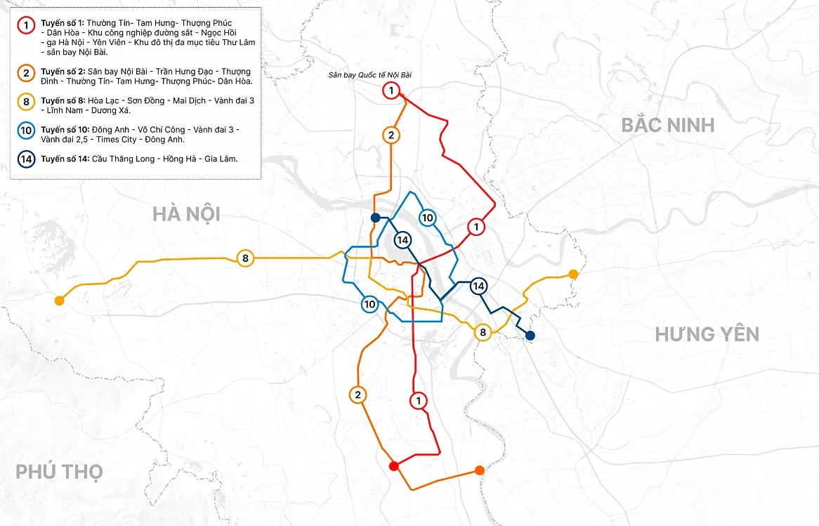 Sơ đồ 5 tuyến metro Hà Nội số 1, 2, 8, 10, 14 đi qua Nội Bài, Thư Lâm, Times City và các khu vực lân cận