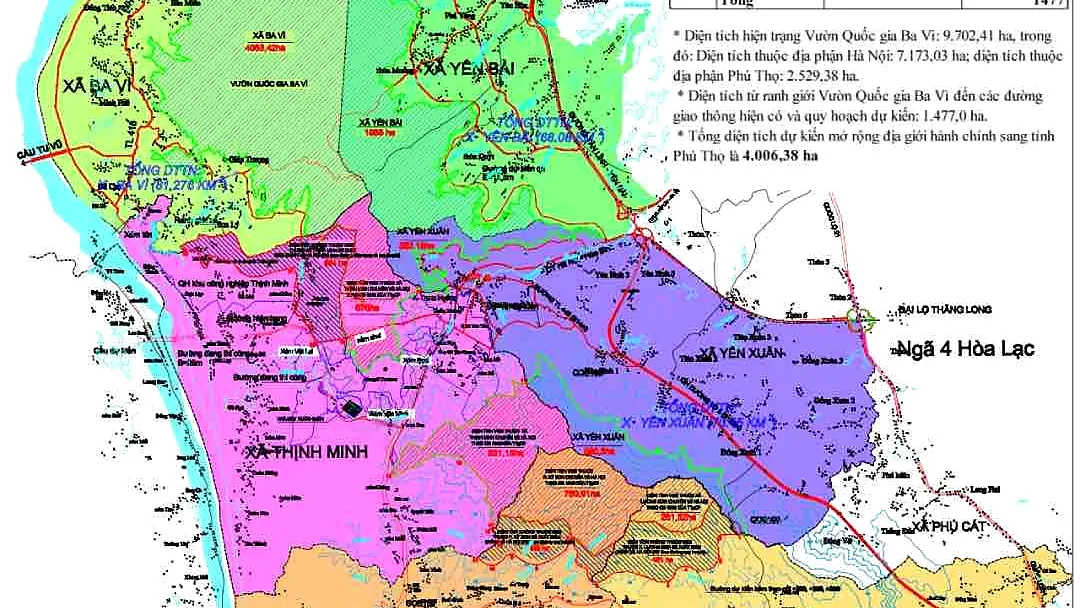 Sơ đồ địa giới khu vực Ba Vì, Thịnh Minh, Kỳ Sơn, Lương Sơn điều chỉnh từ Phú Thọ về Hà Nội