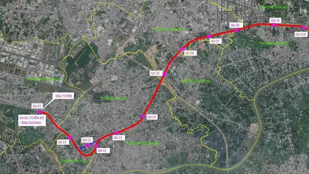 Bản đồ hướng tuyến metro số 2 từ ga S5 Bình Dương qua các phường Phú Lợi, Thuận An, Lái Thiêu
