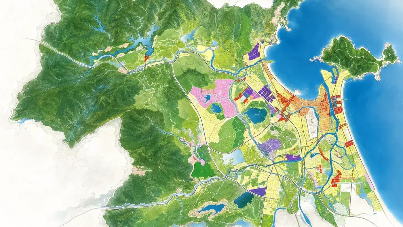 Sơ đồ minh hoạ không gian quy hoạch chung Đà Nẵng đến năm 2050 với vùng núi, đô thị và ven biển