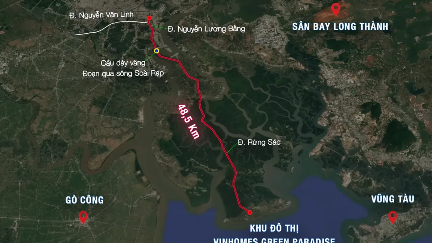 Sơ đồ hướng tuyến đường sắt tốc độ cao Bến Thành – Cần Giờ dài 48,5 km tới Vinhomes Green Paradise