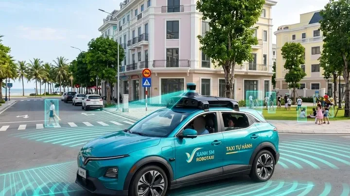 Xe taxi tự hành VinFast Robotaxi chạy trên đường nội khu với các tia cảm biến quét xung quanh