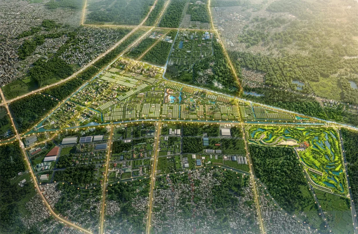 Toàn cảnh đại đô thị Vinhomes nhìn từ trên cao với khu nhà ở, kênh nước và sân golf