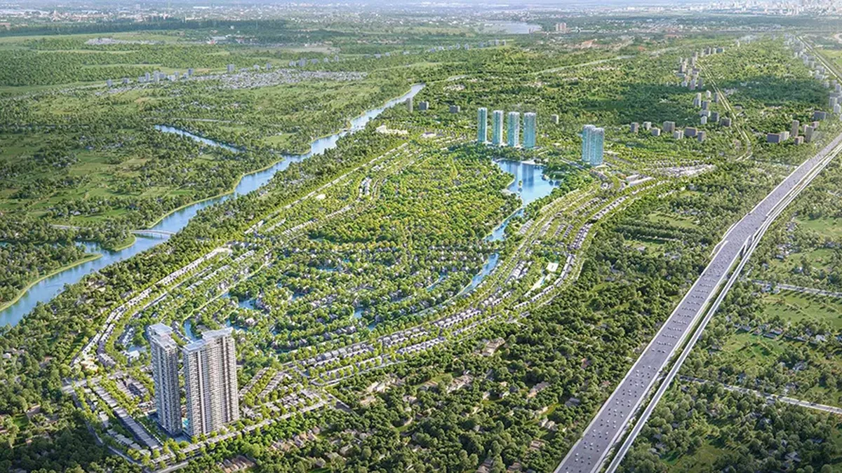 Toàn cảnh đại đô thị Eco Retreat của Ecopark nhìn từ trên cao, có sông, hồ nước và trục cao tốc bên cạnh