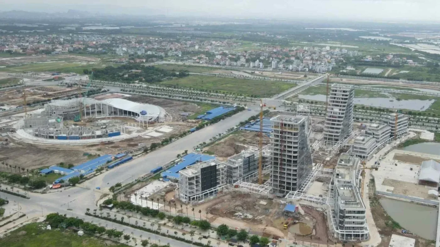 Toàn cảnh khu đô thị đang xây dựng tại Hải Phòng nhìn từ trên cao với các tòa nhà cao tầng và công trình lớn