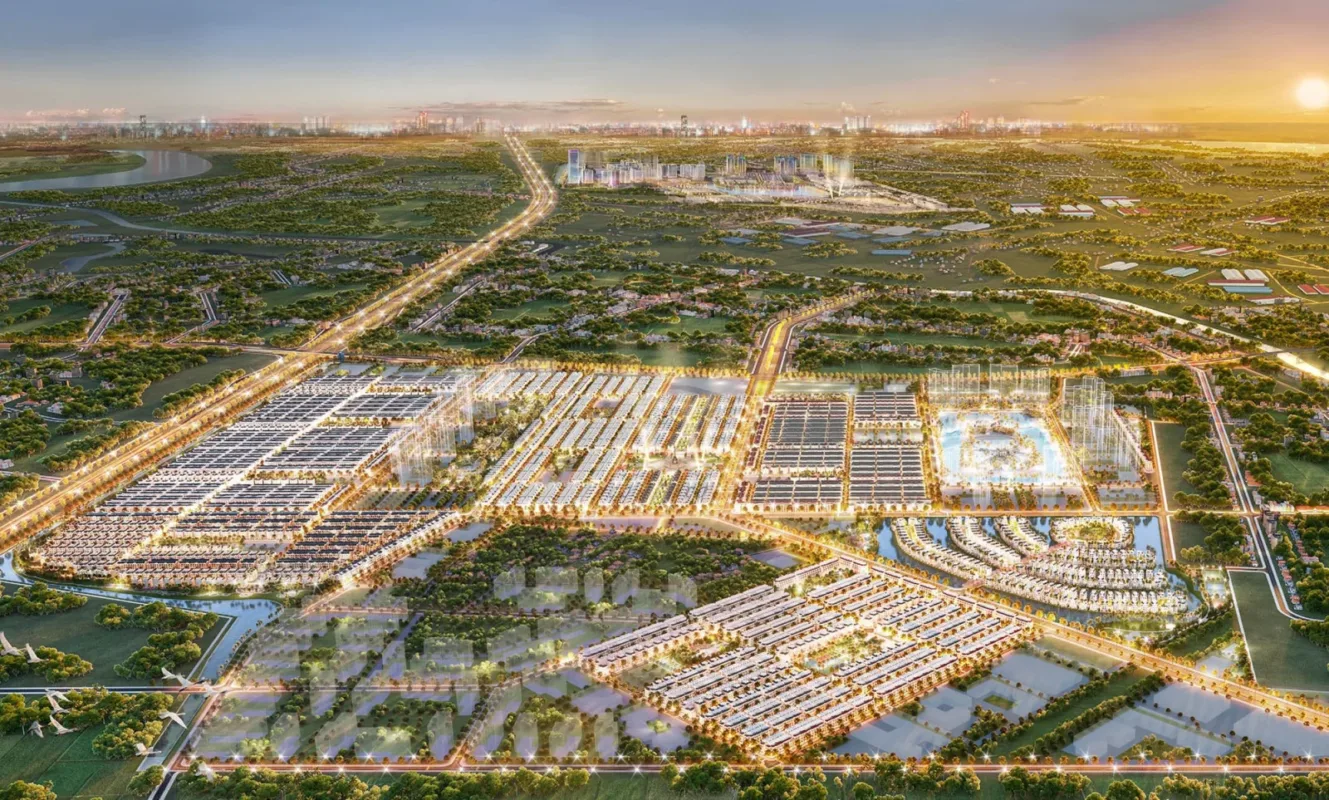 Phối cảnh toàn cảnh đại đô thị Vinhomes Ocean Park 2 và Ocean Park 3 tại Hưng Yên lúc hoàng hôn