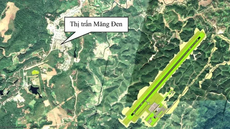 Ảnh vệ tinh thị trấn Măng Đen và vị trí dự kiến đường băng sân bay Măng Đen, Quảng Ngãi