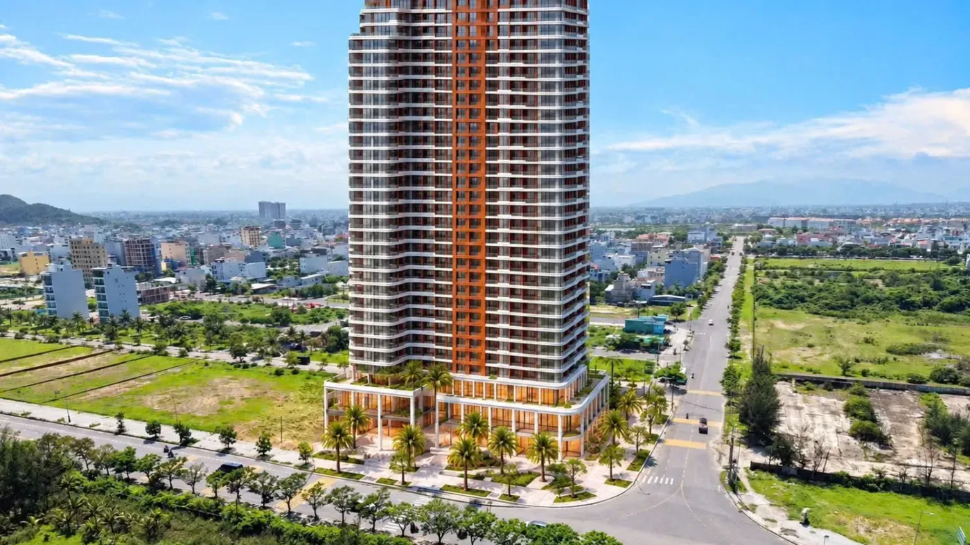 Phối cảnh tháp Sun Saphia Residence cạnh đường lớn và khu dân cư gần biển Đà Nẵng