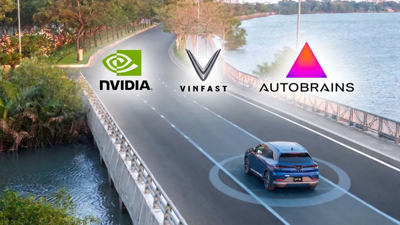 Xe VinFast tự lái chạy ven hồ cùng logo NVIDIA, VinFast và Autobrains hợp tác phát triển robotaxi